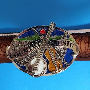 COUNTRY MUSIC Top Grain 1 1/2" Cowhide Leather Belt & High Detail Epoxy Country